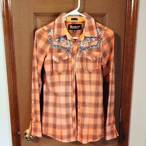 Look Roar Orange Plaid Western Barrel Racing Shirt Womens XS